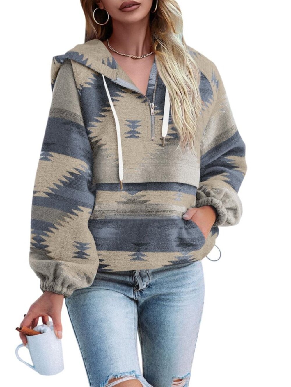 Womens Aztec Zip Up Hoodies Sweatshirt Boho Western Pullover Top